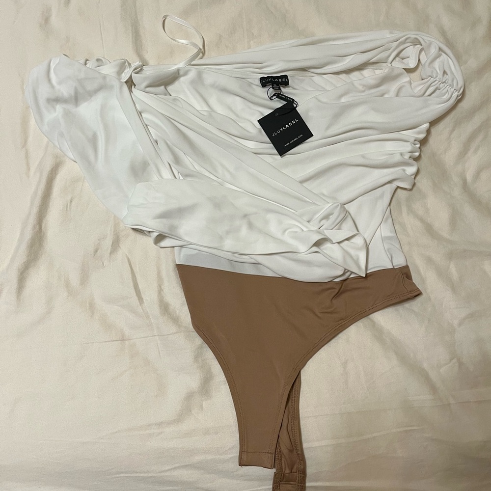 White Above All Drape Bodysuit- Jluxlabel